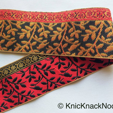 Grey / Red, Black And Gold Embroidered FloralTrim With Leaves, Approx. 56mm wide - 210119L37/38